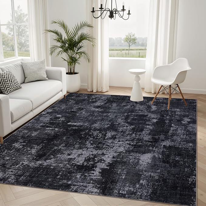 Sasttie 6x9 Soft Area Rug for Living Room, Modern Abstract Washable Carpet for Bedroom, with Non-Slip Backing, Black and Grey