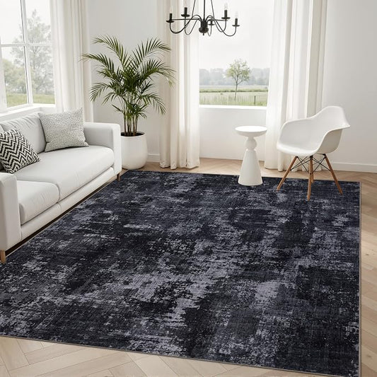 Sasttie 6x9 Soft Area Rug for Living Room, Modern Abstract Washable Carpet for Bedroom, with Non-Slip Backing, Black and Grey