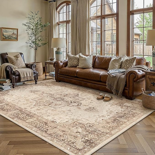 PureCozy Brown 5x7 Area Rug Washable Vintage Living Room Carpet Non Slip Retro Distressed Low Pile Soft Oriental Medallion Thin Throw Rug for Kitchen Bathroom Office Bedroom Dining Room