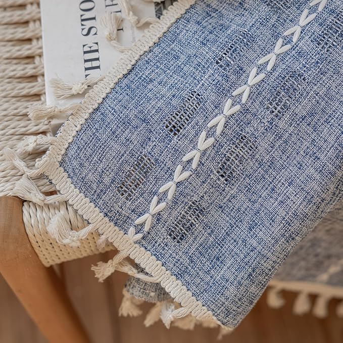 Deeprove Denim Blue Boho Curtain 72 inches Length for Laundry Room Bathroom, American Classic Bohemian Sheer 72 inches Long Stripe Embroidery Privacy Window Tassel Decor W52 x L72, 1 Panel