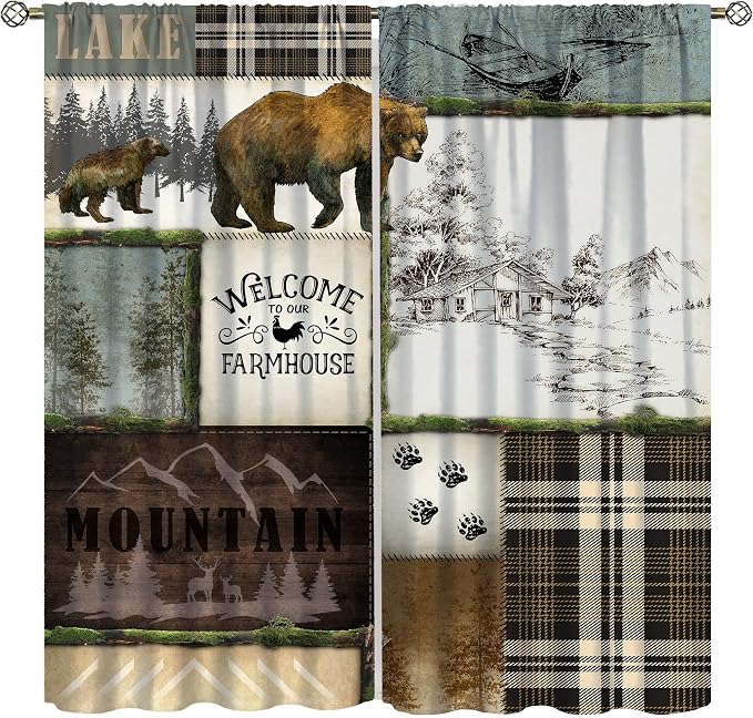 Bear Hunting Curtains Vintage Country Farmhouse Mountains Lake Forest Lattice Hunting Lodge Bear Deer Wildlife Windows Treatments Rod Pocket For Kitchen Living Room Bedroom 42x45in（No Blackout）