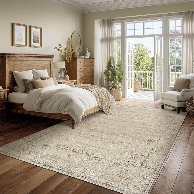 BILEEHOME Modern Farmhouse Area Rug 5 x7 Washable Floral Earth Tone Neutral Boho Nursery Rug 5x7 for Baby Boy Bedroom,Tan Brown and Cream Beige