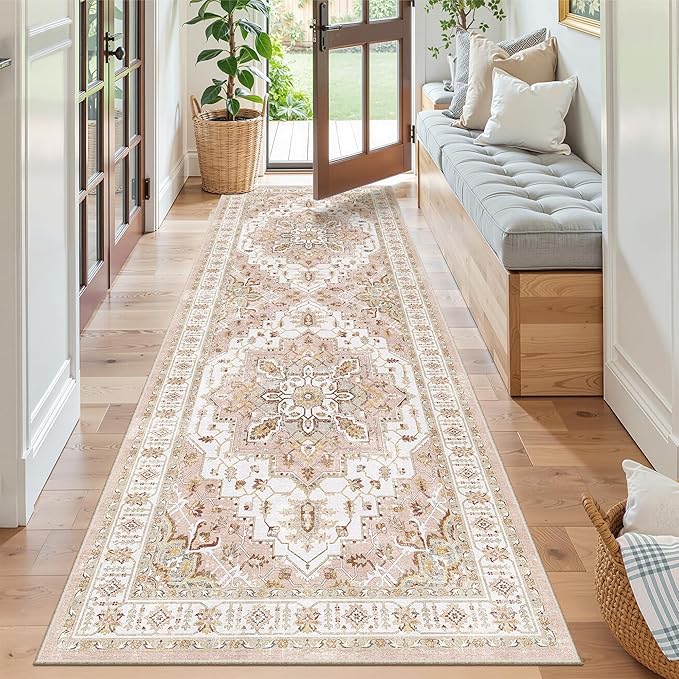 Madane Kitchen Runner 2'6''x8' Soft Rug Runners for Hallways, Pink | Vintage Machine Washable Rugs 2.5x8 Ft, Non-Slip Low Pile Stain-Resistant 8ft Floor Carpet for Laundry Room Corridor