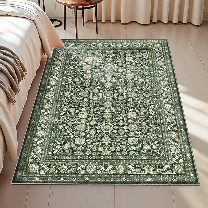 OPPODREAM Low-Pile Area Rugs, Faux Wool Carpet for Living Room, Kitchen, Office, Dorm, Bedroom, Vintage Washable Rug Non Slip, Dark Green, 3'x6'
