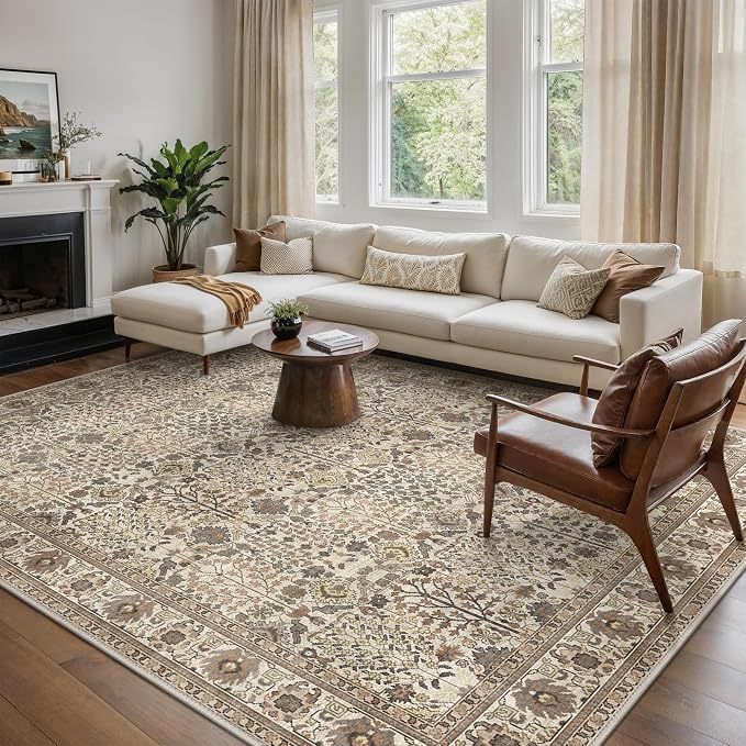 Bavni Washable Rugs 8x10-Machine Washable Rug Lightweight Low Pile, Vintage Floral Rug Non-Shedding Distressed Throw Carpet for Living Room Bedroom Office, Dark Espresso