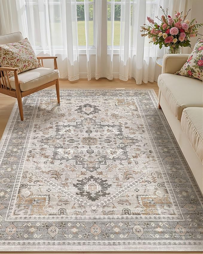 7x9 Vintage Area Rug: Washable Neutral Soft Non Slip Thin Large Floor Carpet for Living Room Bedroom Kitchen Dining Room Home Office Farmhouse Indoor - Taupe