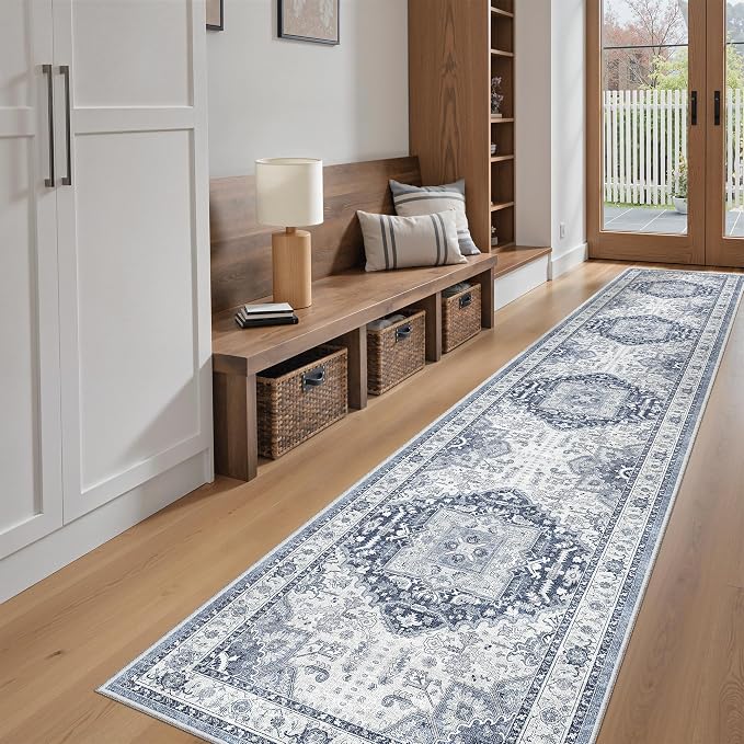 Madane Washable Runner Rugs 2x10 Long for Hallway Kitchen, Navy/White | Non-Slip Low-Pile 10ft Rug Runners Soft, Stain-Resistant Floor Carpet Mat for Entrance, Living Dining Laundry Room, Stair