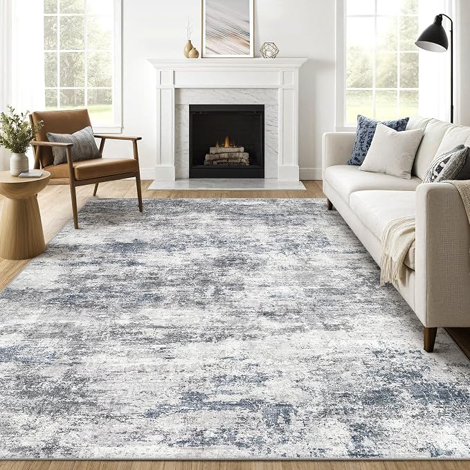 7x9 Area Rug Living Room: Washable Large Abstract Neutral Modern Soft Rugs Stain Resistant Indoor Floor Non-Slip Accent Carpet for Bedroom Nursery Playroom Office Dining Room Home Decor- Blue Gray