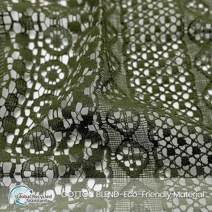WAZZIO Boho Lace Curtains 84 Inches 2 Panel,Light Filtering Privacy Tassel & Geometry Crochet Semi Sheer Curtain Drapes for Bedroom Living Dining Room,Rod Pocket & Tassel,Olive Green