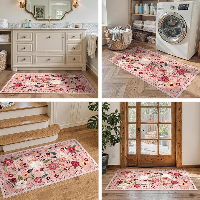 2x4 Washable Runner Rug Kitchen Hallway Area Rug Vintage Boho Floral Ultra Non-Slip Low Pile Soft Faux Wool Carpet Kids and Pets Friendly for Bathroom Bedroom Entryway Nursery Home Rug Dark Pink
