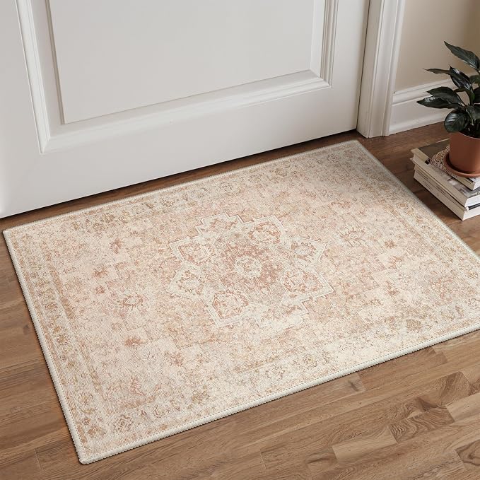 GENIMO Area Rug 2x3 Doormat, Machine Washable Low Pile Rugs, Small Retro Entryway Mat for Entrance, Hallway, Kitchen and Corridor, Light Pink