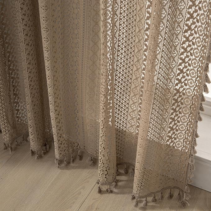 WAZZIO Boho Lace Curtains 72 Inches 2 Panel,Light Filtering Privacy Tassel & Geometry Crochet Semi Sheer Curtain Drapes for Bedroom Living Dining Room,Rod Pocket & Tassel,Earthy Color Taupe