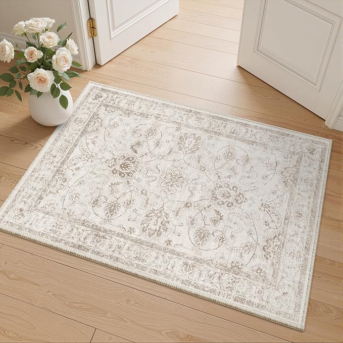 Madane 2x3 Washable Rugs for Entryway, Low Pile Non-Slip Small Area Rug Kitchen Door Mat, Vintage Soft Throw Neutral Rug Floor Mat for Indoor Front Entrance Bathroom Hallway (2 x 3, Brown/Ivory)