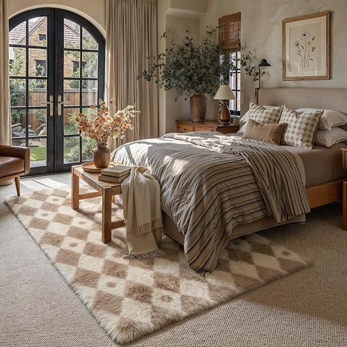 PureCozy Brown 9x12 Area Rug for Living Room Washable Non Slip Neutral Soft Bedroom Checkered Carpet Colorful Fluffy Modern Shag Fuzzy Indoor Large Aesthetic Bedroom Home Office Playroom Nursery