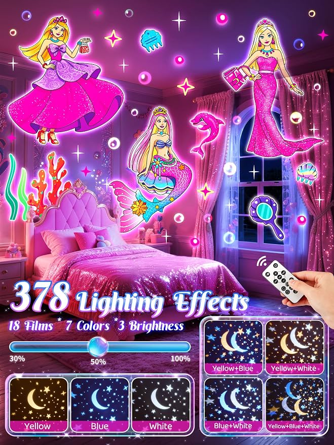 Little Mermaid Toys, 15 Soothing Sounds+18 Films+378 Colors Kids Night Light Projector, 360°+Remote+Cordless+Pink Mermaid Birthday Gifts for Girls, Princess Toys Princess Room Decor[Dreamy Packaging]