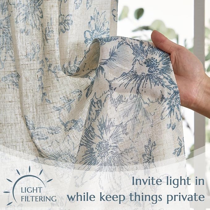 jinchan Linen Floral Tier Curtains 54 Inch Farmhouse Botanic Cafe Curtains Light Filtering Drapes for Small Windows Back Tab Half Window for Kitchen Living Room Bathroom 2 Panels Blue