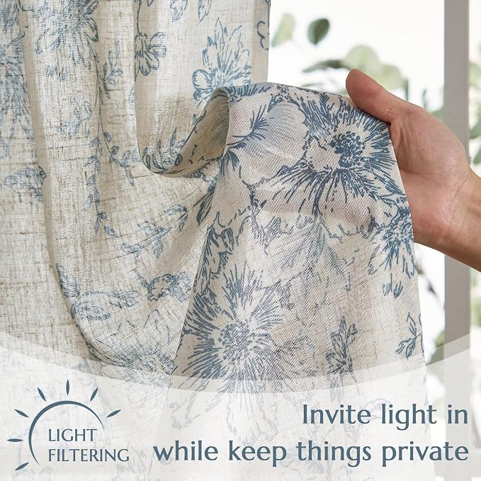 jinchan Linen Floral Tier Curtains 24 Inch Farmhouse Botanic Cafe Curtains Light Filtering Drapes for Small Windows Back Tab Half Window for Kitchen Living Room Bathroom 2 Panels Blue