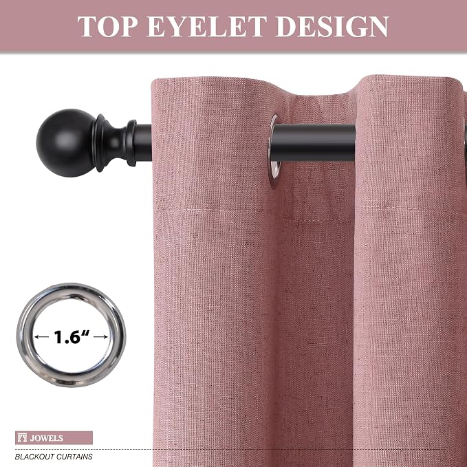 Jowels Blush Pink Linen Blackout Curtains 120 Length 2 Panels Set for Living Room Bedroom, 100% Black Out Thermal Insulated Linen Drapes, Room Darkening Grommet Curtains 120 Inches Long