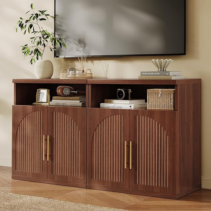 Fluted Buffet Cabinet with Storage, 31.5" Wide Wood Sideboard Credenza with Open Storage Shelf & Adjustable Shelves, Modern Kitchen Entryway Accent Table for Dining Room Living Room Hallway, Walnut