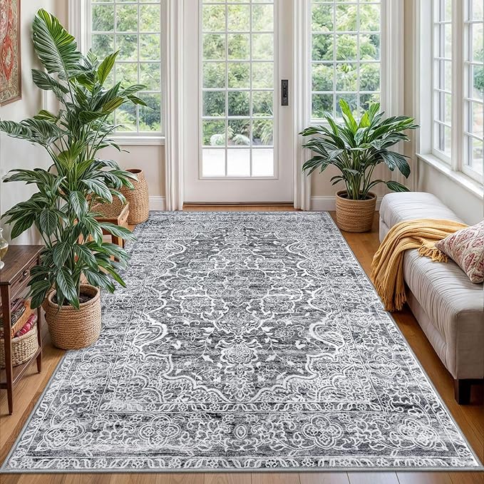 KUTA Area Rug 4x6 Living Room, Washable Rugs Vintage Distressed Tribal Grey Blue White, Non-Slip Dining Room Carpet, Extra Soft Low Pile Printed Traditional Medallion Cozy Throw for Bedroom