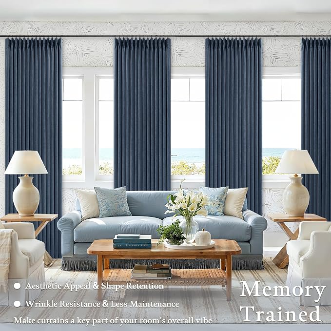 Navy Pinch Pleated Blackout 102 Inch Bedroom Curtains 2 Panels Set Linen Dual Layer Soundproof Dark Blue Window Drapes for Living Room with Back Tab 100% Black Out Window Drapes