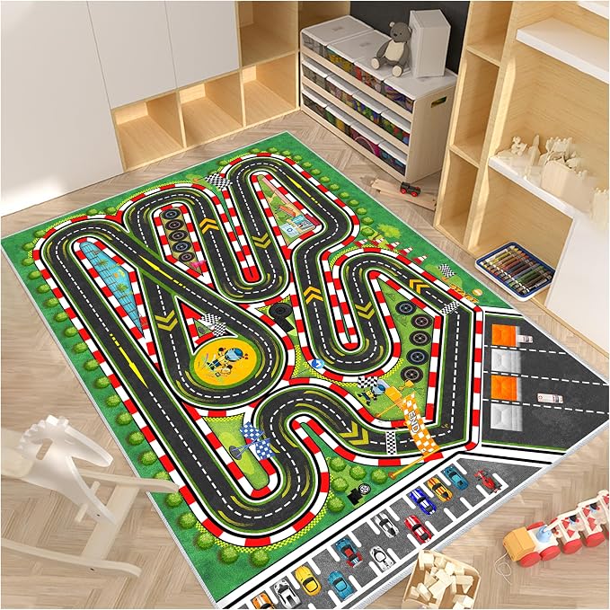 Kids Racing Rug 79''x118'' Car Road Kid Rug Carpet Playmat for Playoom Traffic Road Kid Play Mat for Bedroom，Washable Kids Educational City Traffic Road map Fun Carpet (Green)