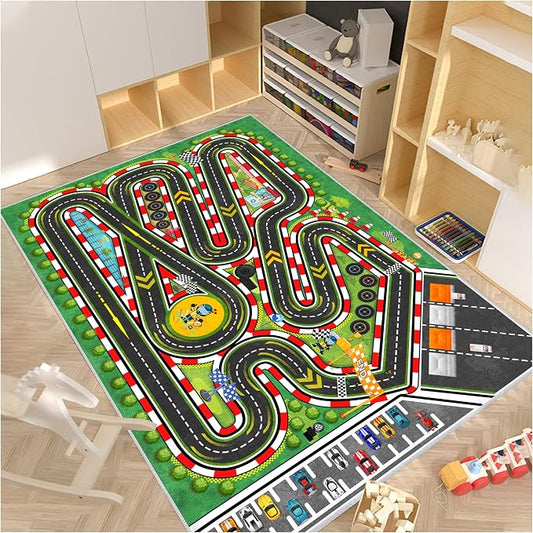 Kids Racing Rug 79''x118'' Car Road Kid Rug Carpet Playmat for Playoom Traffic Road Kid Play Mat for Bedroom，Washable Kids Educational City Traffic Road map Fun Carpet (Green)
