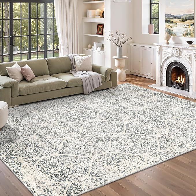 Soalmost 6x9 Area Rugs for Living Room, Washable Moroccan Trellis Soft Rug | Non-Slip Low Pile Rug Soft Throw Carpet for Dining Room Bedroom Home Office Nursery Grey, 6'x9'