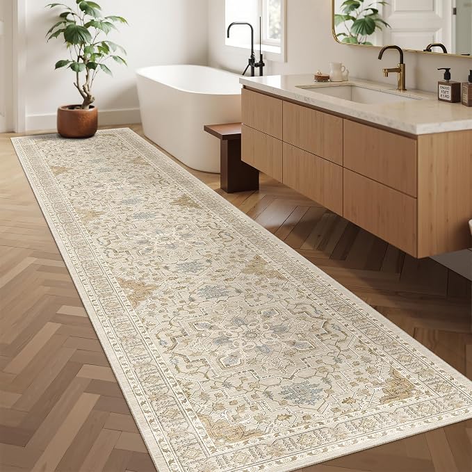 Madane Hallway Runner Rug 2'6''x12' Kitchen Runners Vintage, Beige/Blue | Non-Slip Washable Rugs 12ft for Laundry Room, Entryway and Bedroom, Soft Low Pile Stain-Resistant Wide 2.5x12 Ft Floor Carpet