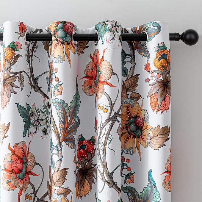 MYSKY HOME Floral Blackout Curtains 45 Inch Long 2 Panels Set for Bedroom Thermal Insulated Light Blocking Black Out Drapes Printed Flower Vintage Style Grommet Window Treatments, 52"W, Greyish White