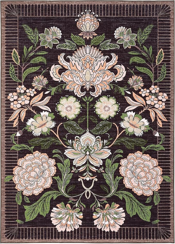 GarveeHome Plum Pink Floral Christmas Washable 5x7 Rug for Living Room, Black Purple Vintage Boho Cottage Throw Rugs Low Pile Carpet for Bedroom Dining Nursery Rug