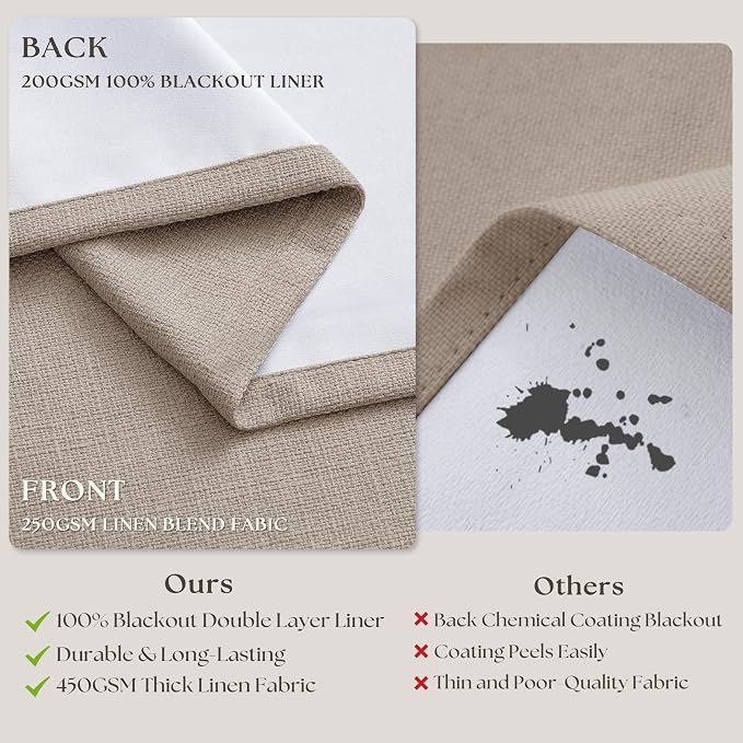 TWODRAPES 92 Inch Long Pinch Pleated Blackout Curtains for Bedroom Living Room Linen Blend 100% Blackout Sliding Door Curtains, Cozy Modern Privacy Protection Curtains 92 Inches Burlywood Birch