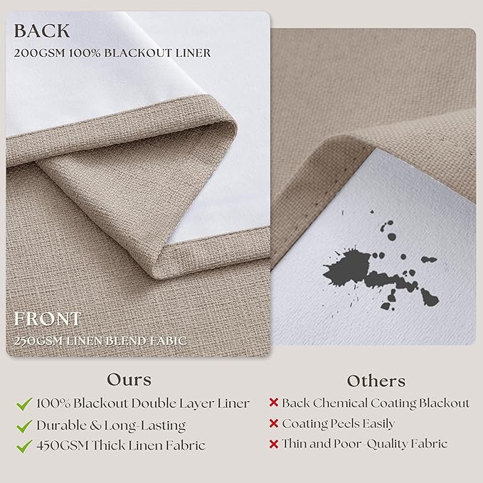 100% Blackout Linen 126 Inch Curtains 2 Panel Set for Bedroom Modern Pinch Pleated Linen Burlywood Birch Insulated Heavy Curtain 40 x 126 Inches Length Sliding Glass Door Room Darkening Drapes