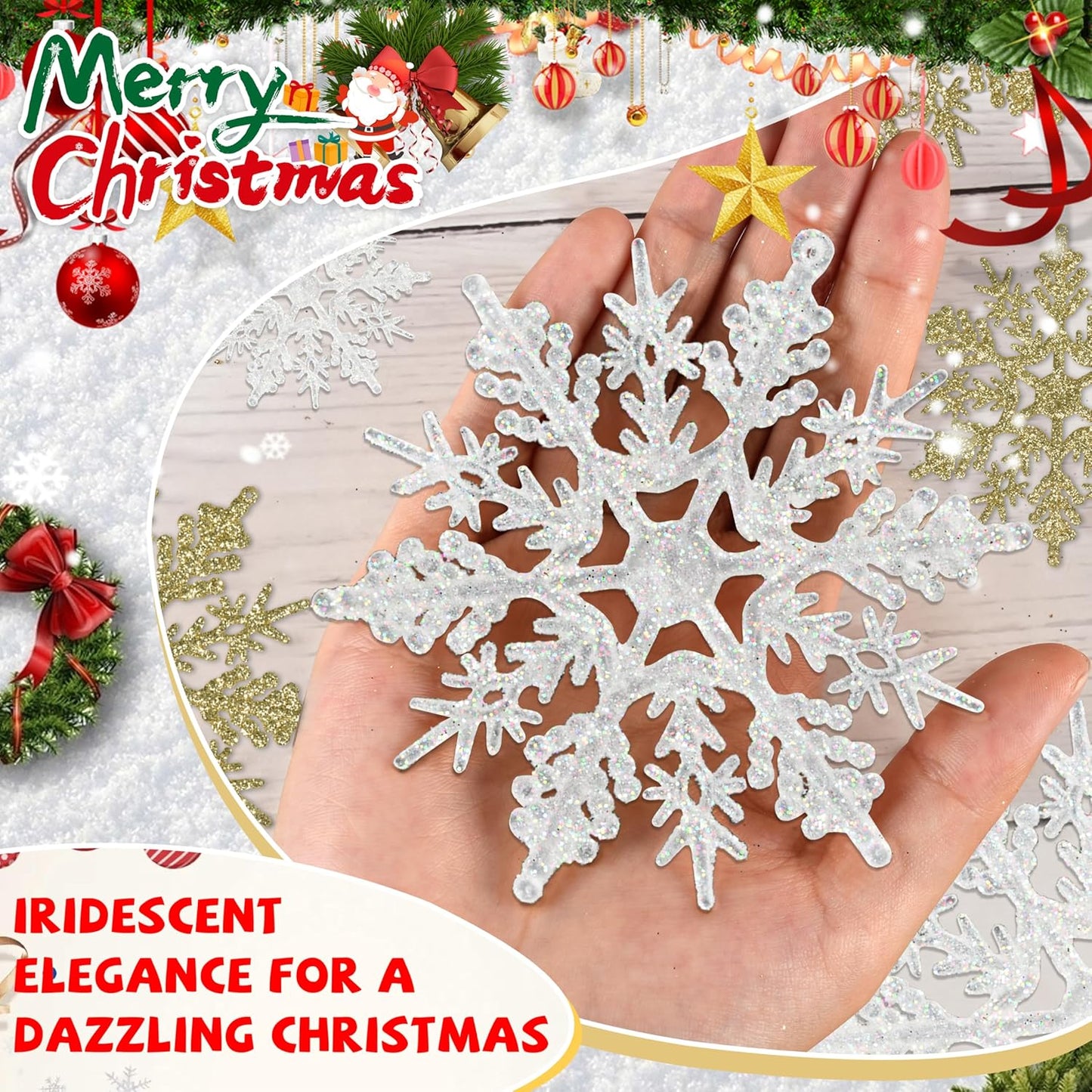36pcs Snowflakes-Christmas Tree Decorations, Snowflake Ornaments for Tree, Plastic Glitter White Gold Snow Flakes Ornaments, Christmas Indoor Winter Wonderland Frozen Birthday Party Holiday Home Decor