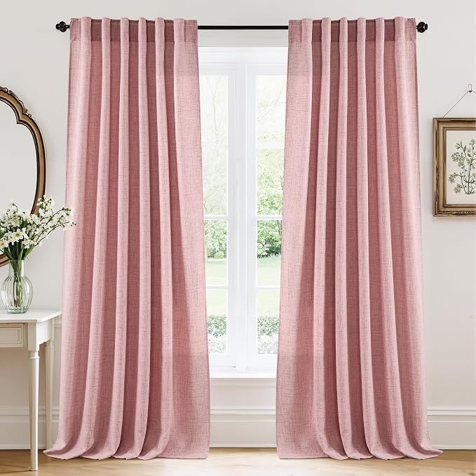 RYB HOME Living Room/Bedroom Curtains and Drapes Linen Sheer, Light Filtering Curtains 108 inches Long, Back Tab/Rod Pocket, Peach Blush, W 52 x L 108 inches, 2 Panels Set