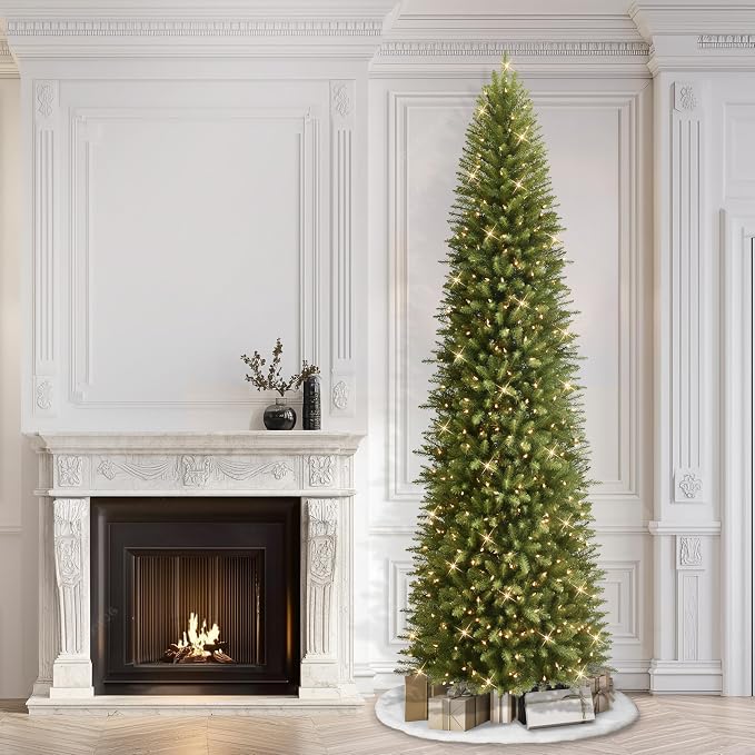 Puleo International 9ft Pre-Lit Fraser Fir Pencil Christmas Tree with 550 Clear Lights, 1828 Realistic Dense Branch Tips, Easy Setup Artificial Trees with Sturdy Metal Stand