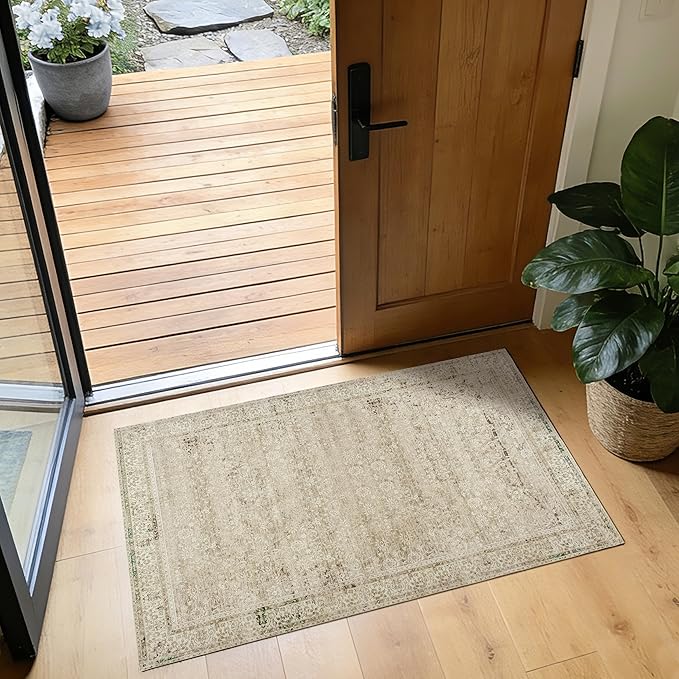 BILEEHOME Boho Kitchen Rug Washable,2x3 Non Slip Farmhouse Neutral Small Area Rug for Bathroom Bedroom Indoor Entrway Ultra Thin Fit Under Door,Tan Brown and Cream Beige