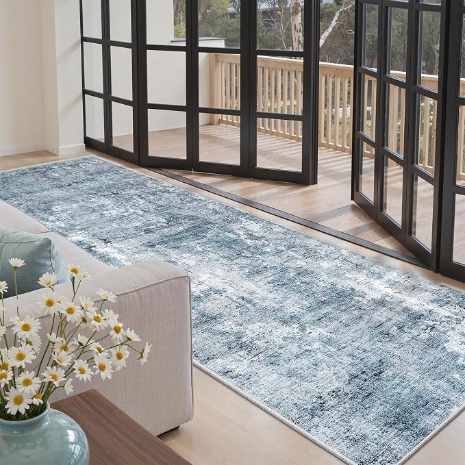 Soalmost Runner Rug 3x8 Washable Non-Slip Hallway Runner Rugs for Kitchen Bathroom Laundry Room Blue/Grey Vintage Floor Carpet Runners for Hallways Entryway