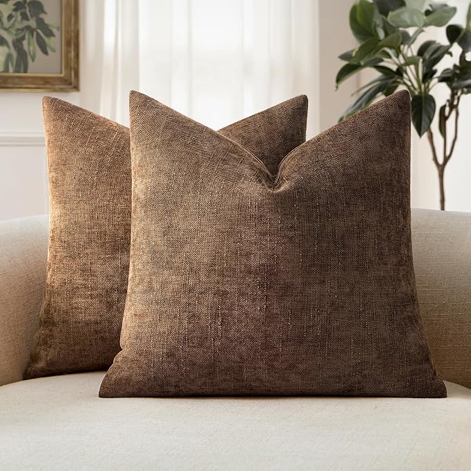 MIULEE Pack of 2 Decorative Throw Pillow Covers Soft Chenille Throw Pillows Solid Neutral Farmhouse Textured Cushion Covers for Couch Sofa Bedroom Living Room 18x18 Inch,Honey Brown