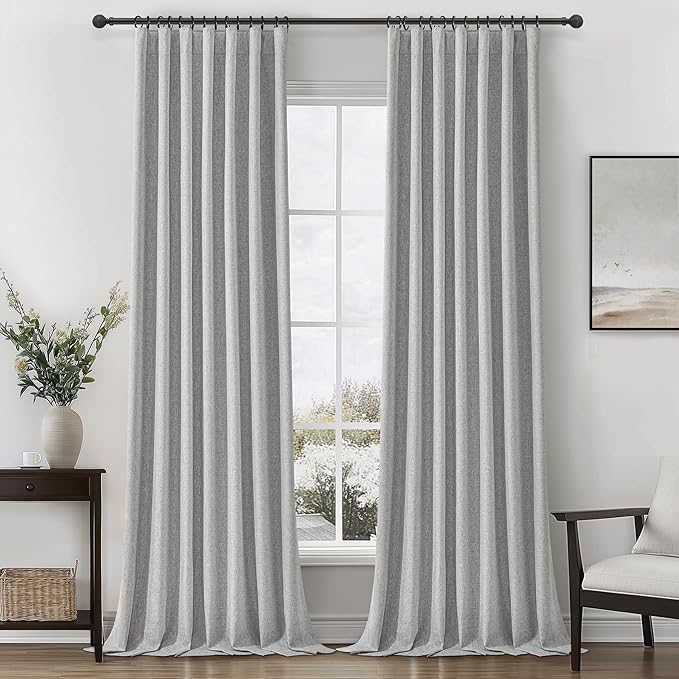 Gray 100% Blackout Linen Tall Curtains 132 Inches Extra Long 2 Panels Set for Kids Boys Room,Country Farmhouse Pleated Ceiling Track Curtain Large Window Drapes Heavy Thermal Privacy Nursery 50"Wx132L