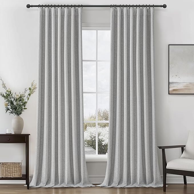 Gray 100% Black Out Linen Curtains 90 Inches Long 2 Panels Set for Kids Boys Room, Country Farmhouse Pleated Ceiling Track Curtain with Rod Pocket Window Drapes Heavy Thermal Privacy for Nursery