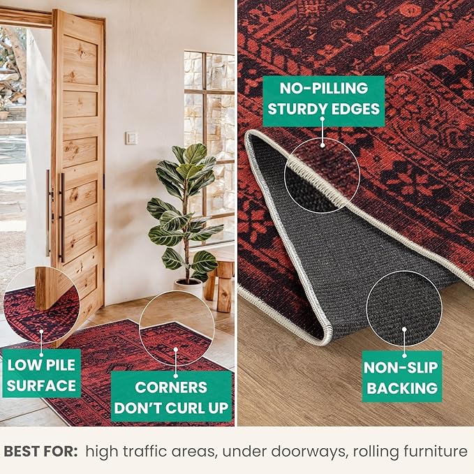 Bloom Rugs Washable Non-Slip 8' x 10' Rug - Red Traditional Bordered Area Rug for Living Room, Bedroom, Dining Room, and Kitchen - Exact Size: 8' x 10'
