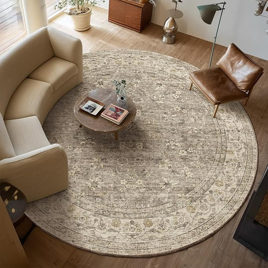 6ft Washable Round Rugs for Bedroom: Circle Living Room Rug Vintage Non Slip Low Pile Soft Faux Wool Non Shedding Boho Circular Rug for Kitchen Entryway Bathroom Bedside Office College Dorm Kids Room