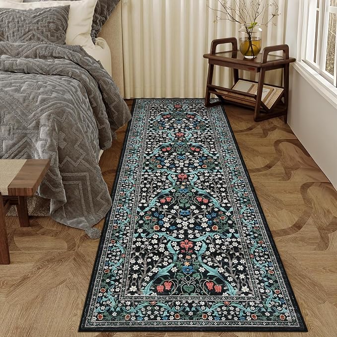 GarveeHome Floral Hallway Runner Rug, 2.5x8 Kitchen Runner Rugs, Washable Non Slip Entryway Rugs Indoor, Ultra-Thin Stain Resistant Carpet Floor Mat for Laundry Room, Black