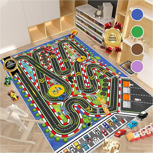 Kids Racing Rug 63''x94'' Car Road Kid Rug Carpet Playmat for Playoom Traffic Road Kid Play Mat for Bedroom，Kids Educational City Traffic Road map Fun Carpet (Blue)