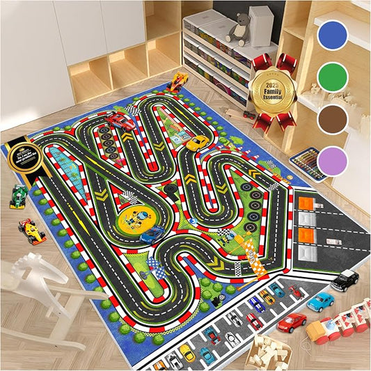 Kids Racing Rug 31''x47'' Car Road Kid Rug Carpet Playmat for Playoom Traffic Road Kid Play Mat for Bedroom，Kids Educational City Traffic Road map Fun Carpet (Blue)