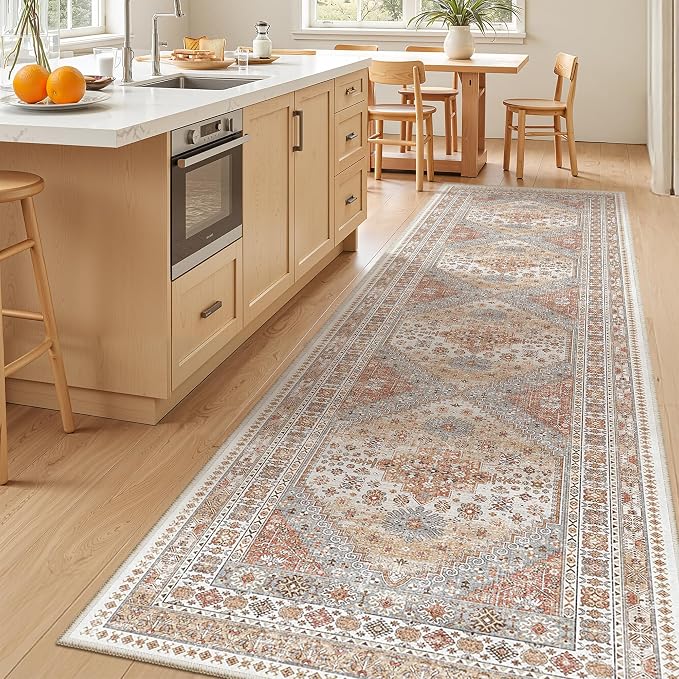 zesthome 3x12 Runner Rug for Hallway, Non-Slip Long Bathroom Rugs Runner for Kitchen, Bedroom, Soft Vintage Abstract Washable Rug for Entryway, Thin Floor Mat for Dining Room(Orange,3'x12')