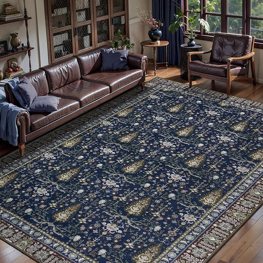 Tangsoo 5x7 Washable Area Rug for Living Room,Non Slip Vintage Boho Blue Floral Indoor Rug for Bedroom Office, Soft Low Pile Foldable Floor Rugs for Dining Room Nursery Home Decor