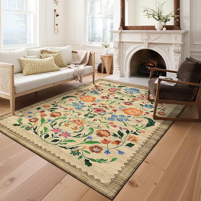 GarveeHome Washable Rug 5x7 Area Rugs for Living Room, Floral Rug for Bedroom, Soft Boho Non Slip Throw Rugs with Rubber Back, Low Pile Stain Resistant Vintage Floral Carpet for Dining Room, Beige