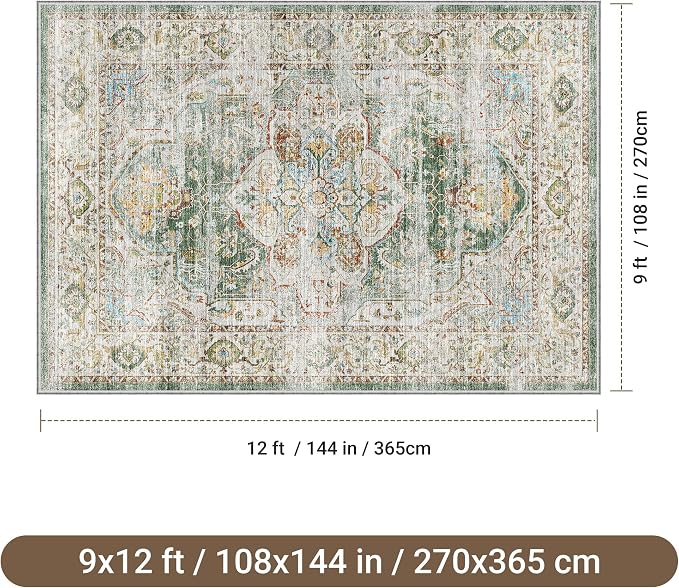 befbee 9x12 Area Rug,Ultra-Thin Washable Rugs for Living Room,Non-Slip Lightweight Foldable Area Rug,Stain Resistant Vintage Large Rugs (Green,9'x12')